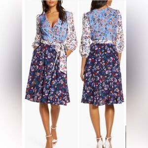 1901 Colorblock Floral Colorful Spring Midi Faux Wrap Dress with Pockets size 14